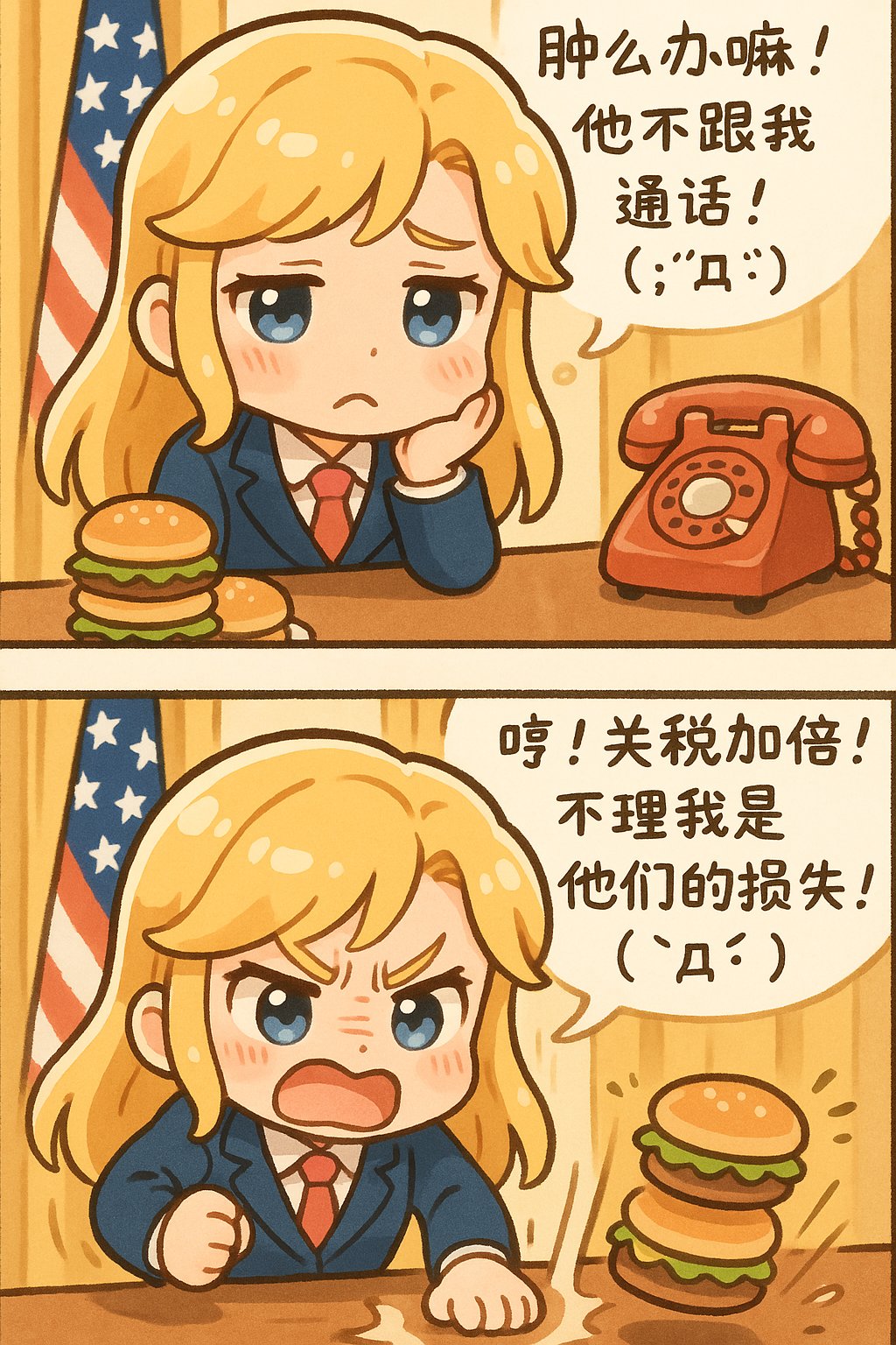 Youthful President's Red Hot Moments, Fashion, nanoBanana-Pro, Bright Yellow Hair, Cartoon Character reference image