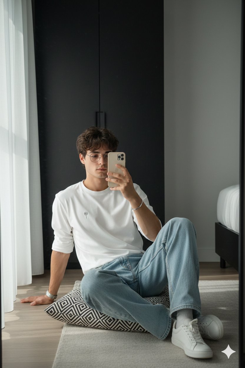 现代自拍镜像，人物，nanoBanana-Pro，Curly Hair, Denim Jeans风格参考图