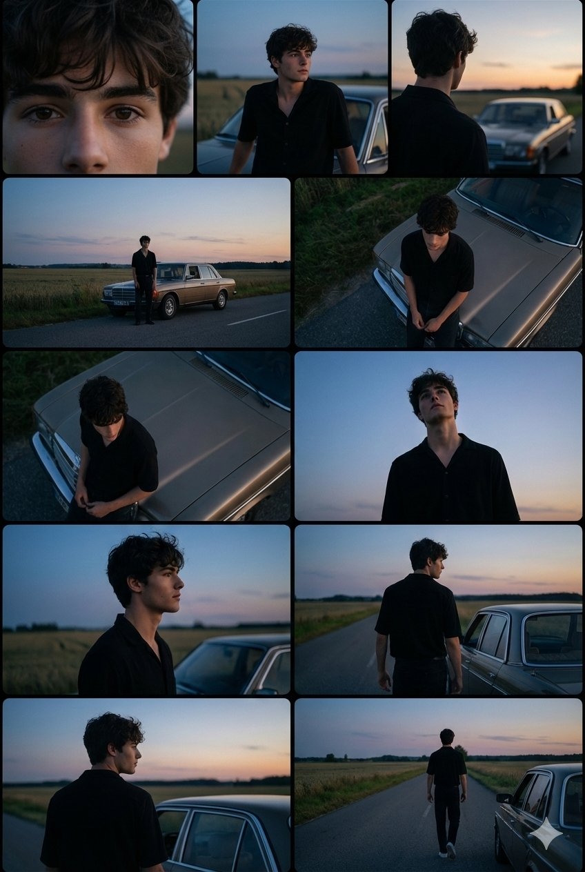 Young Man beside a Classic Car on a Quiet Rural Road at Dusk, People, nanoBanana-Pro, Blue Hour, Cinematic reference image