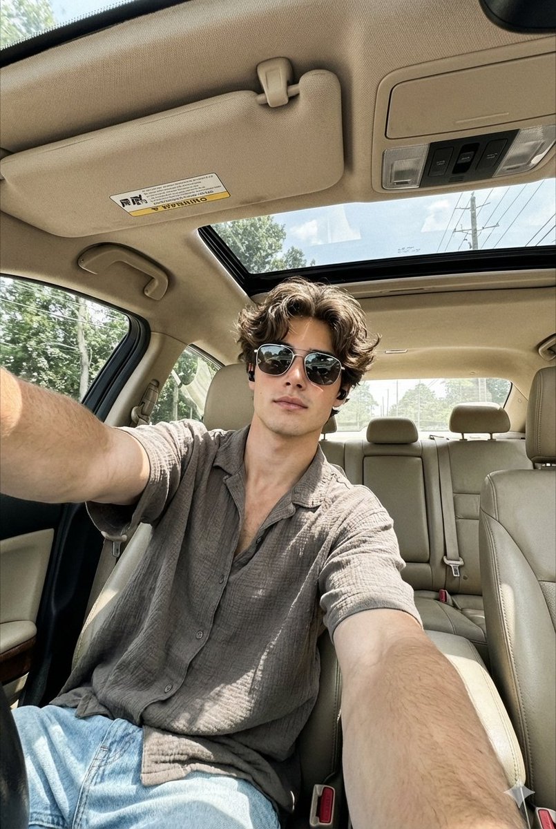 Wide-Angle Smartphone Selfie Inside Beige Interior Car, People, nanoBanana-Pro, Beige Interior, Natural Light reference image