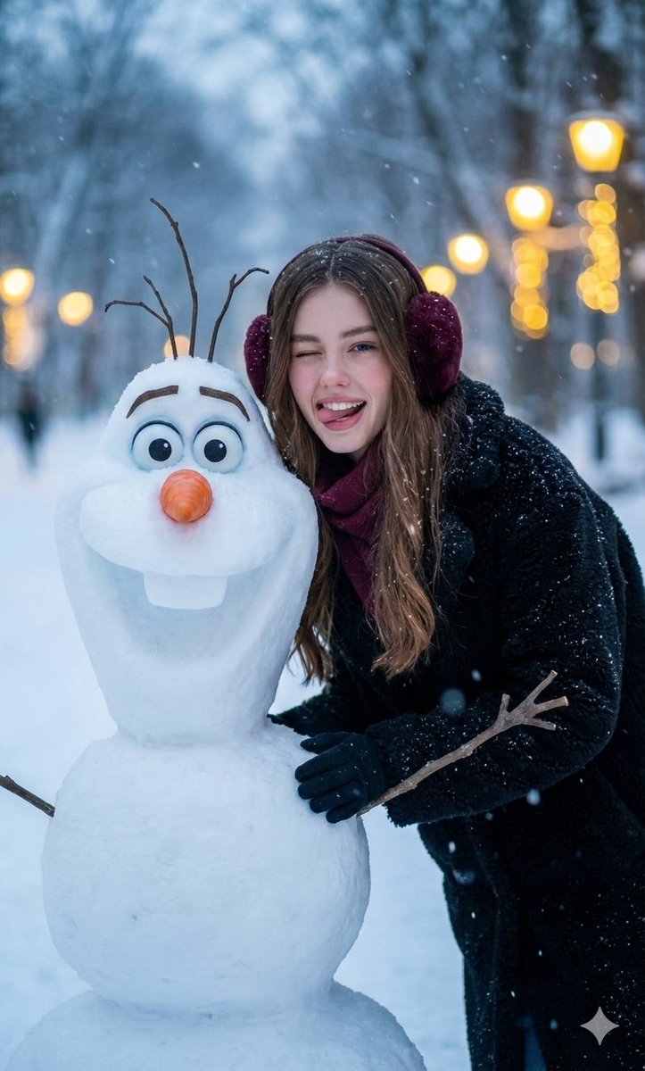 Young Woman Interacting with Olaf in a Winter Park, People, nanoBanana-Pro, Cinematic Quality, Close-up Photography reference image