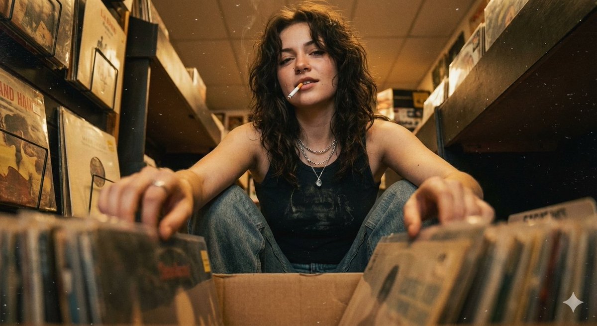 Cinematic POV Inside a Vinyl Record Box with a Grunge-Inspired Young American Woman, Retro, nanoBanana-Pro, 90s Atmosphere, American Woman reference image