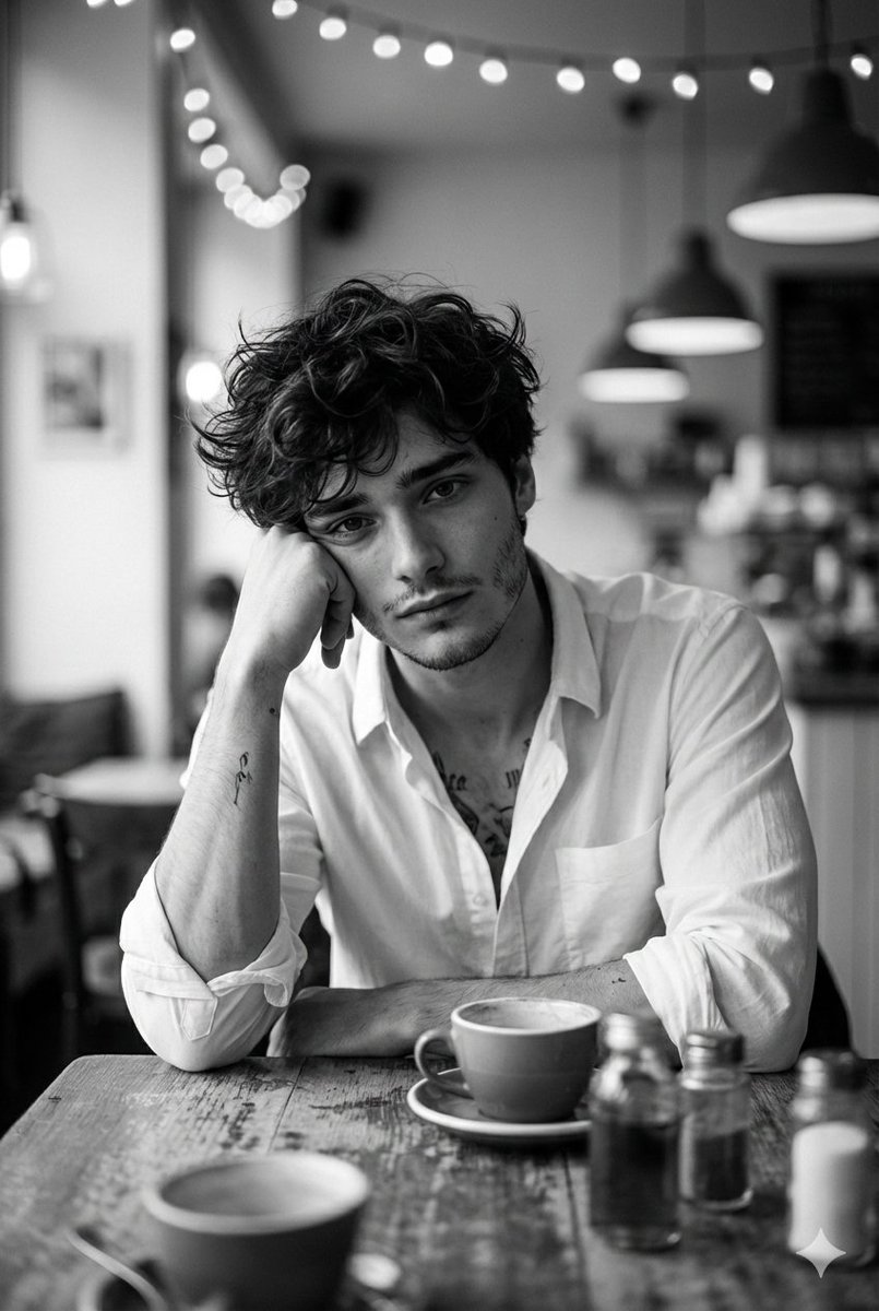 Hyper-Realistic Black and White Cinematic Portrait of a Young Man in a Café, People, nanoBanana-Pro, Black and White, Café reference image