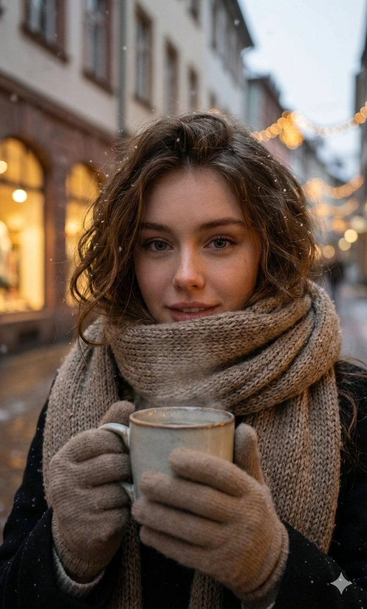 Portrait of a Young Woman in a Cozy Winter Atmosphere Outdoors, People, nanoBanana-Pro, European Architecture, Natural Lighting reference image