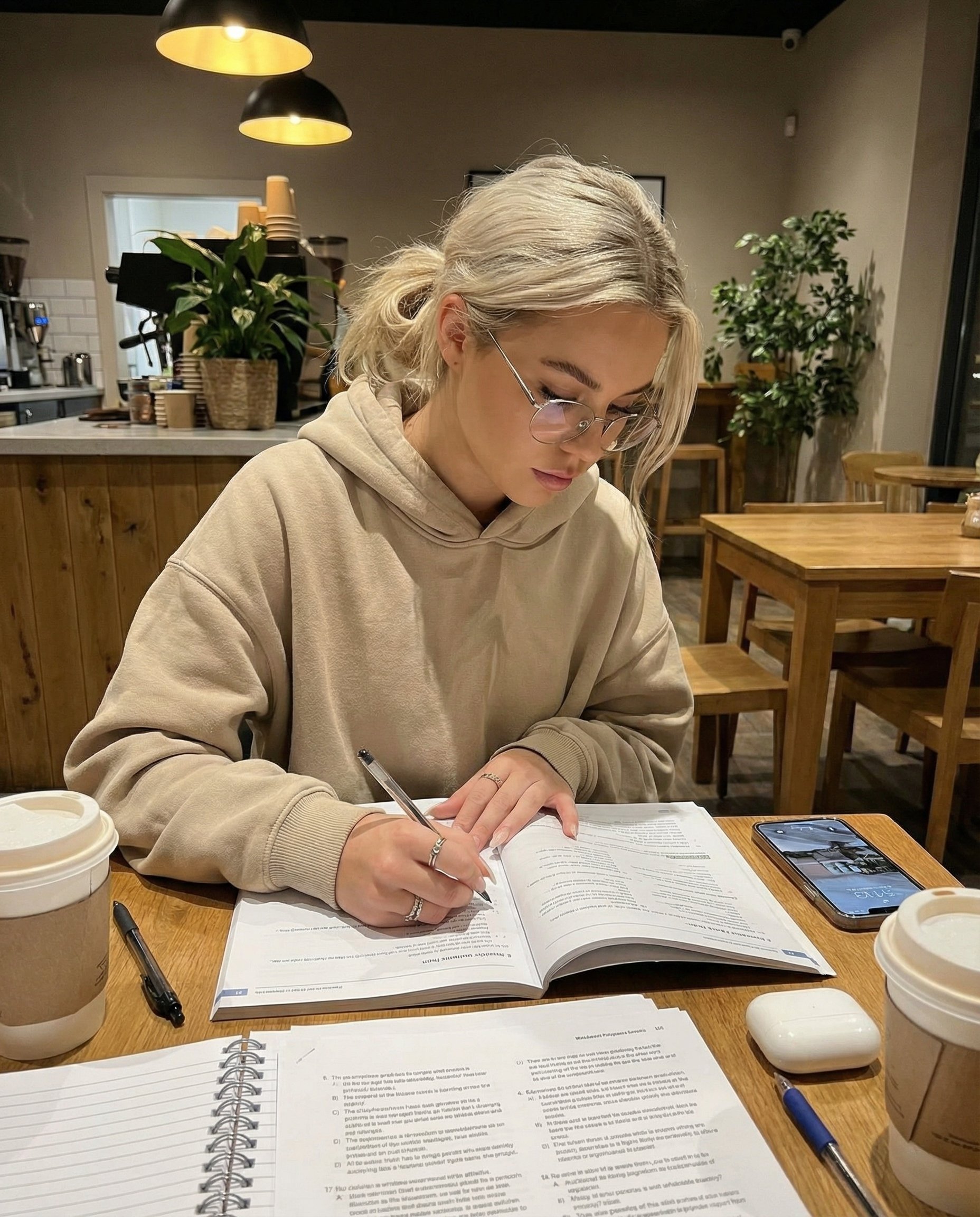 UGC Exam Prep Scene, Indoor, nanoBanana-Pro, Cafe Study, Candid Shot reference image