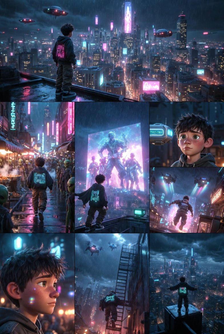 Ned's Cyberpunk City Adventure, City, nanoBanana-Pro, 3D, Character Study reference image