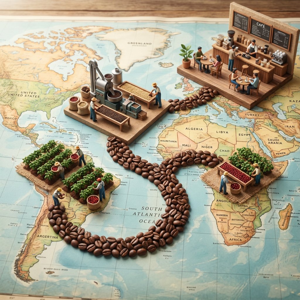 Journey of Coffee Miniature Panorama, Food, nanoBanana-Pro, Coffee Journey, Coffee Processing reference image