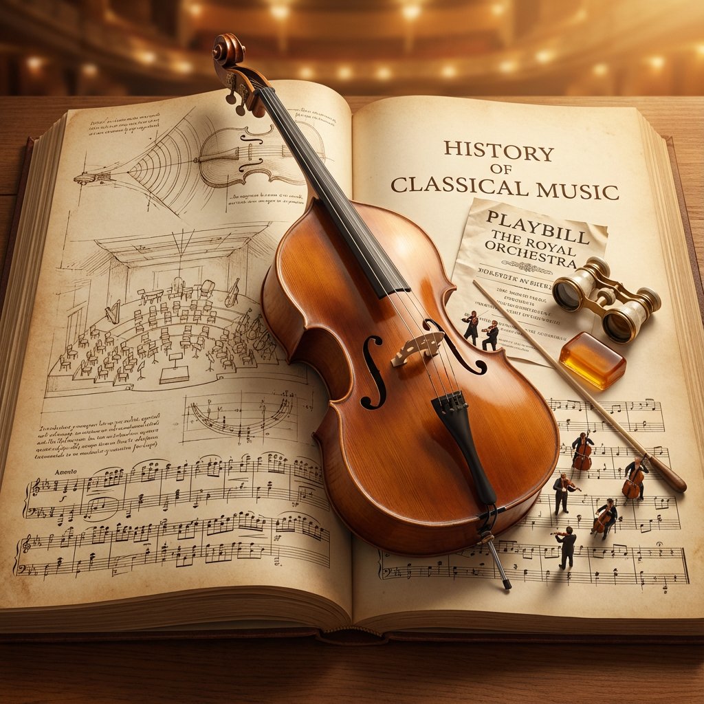 Music History Visualization, History, nanoBanana-Pro, Acoustic Waves, Cello reference image