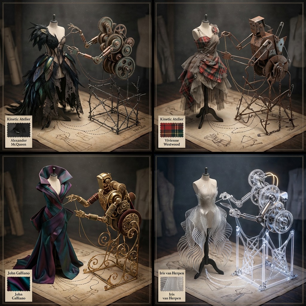 时尚历史学家视角下的设计分析，时尚，nanoBanana-Pro，2x2 Grid Dioramas, Automaton Mechanism风格参考图