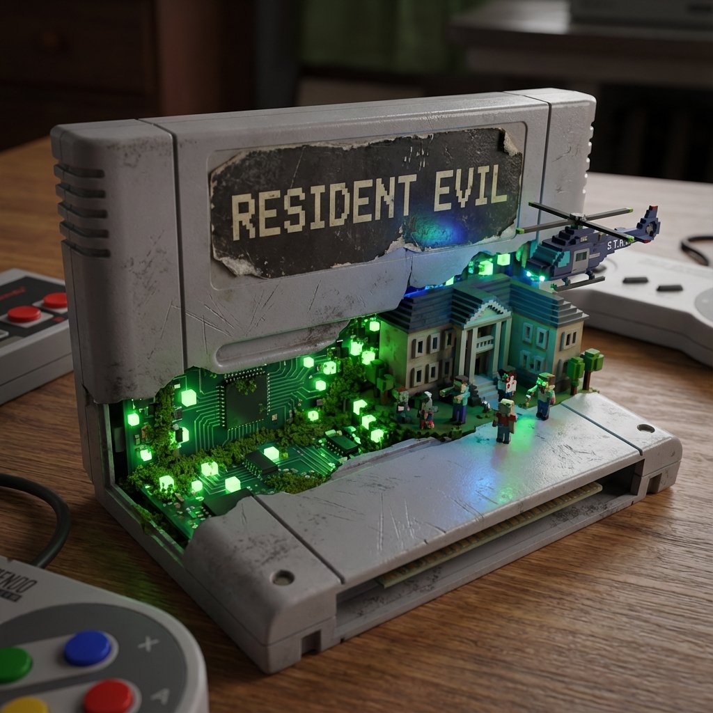 Retro Voxel-based Prompt: Resident Evil, Game, nanoBanana-Pro, Digital Moss, Glowing Geometry reference image