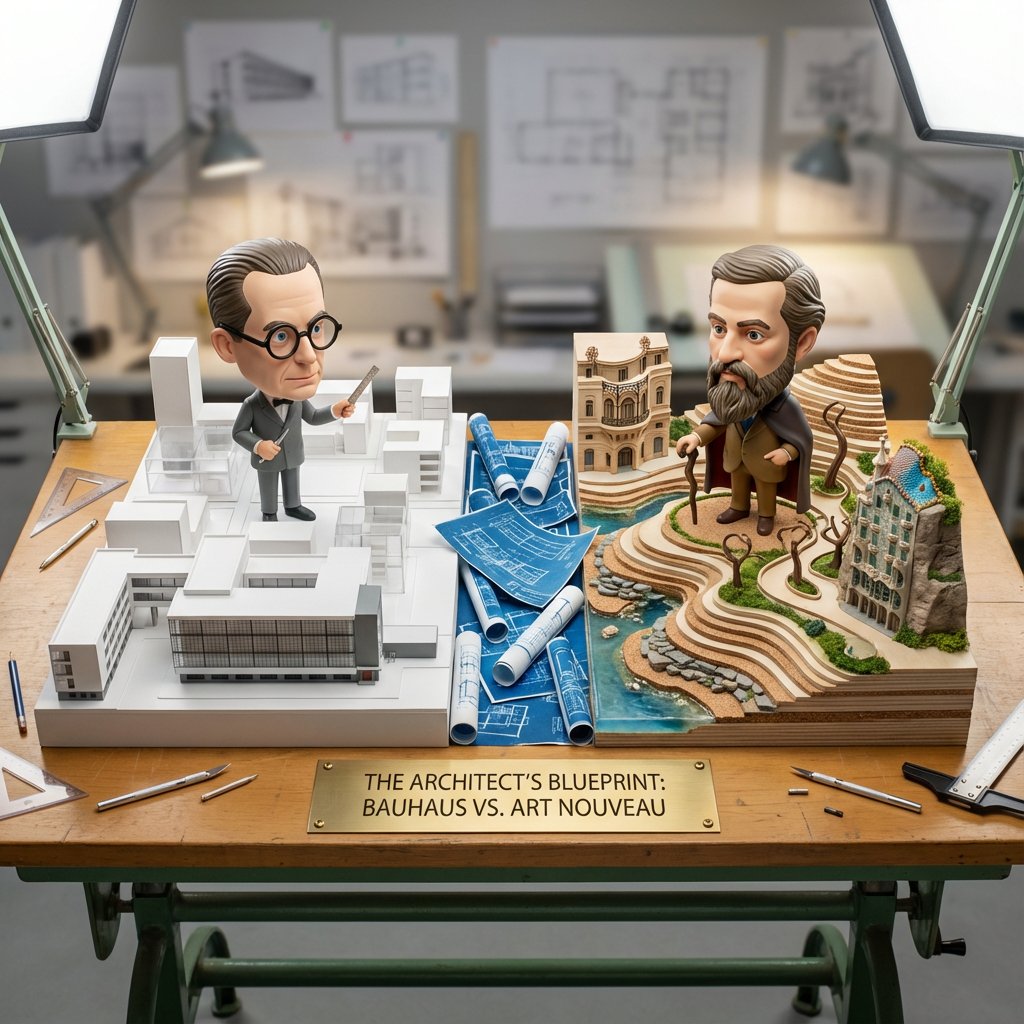 Bauhaus vs. Art Nouveau Architectural Rivalry, 3D, nanoBanana-Pro, 3D, Architectural Diorama reference image