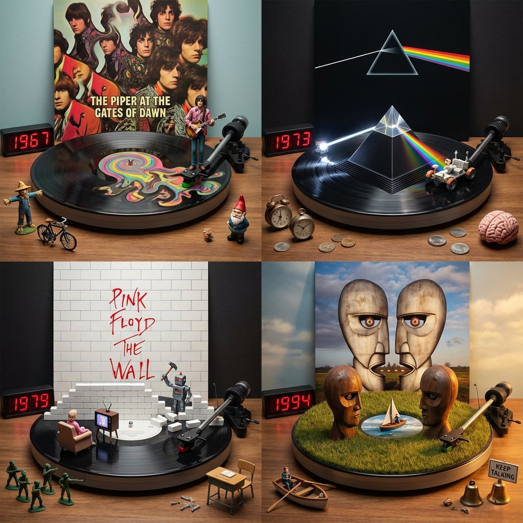 Pink Floyd：不同时代专辑视觉演绎，风景，nanoBanana-Pro，3D Landscape, Album Cover Art风格参考图