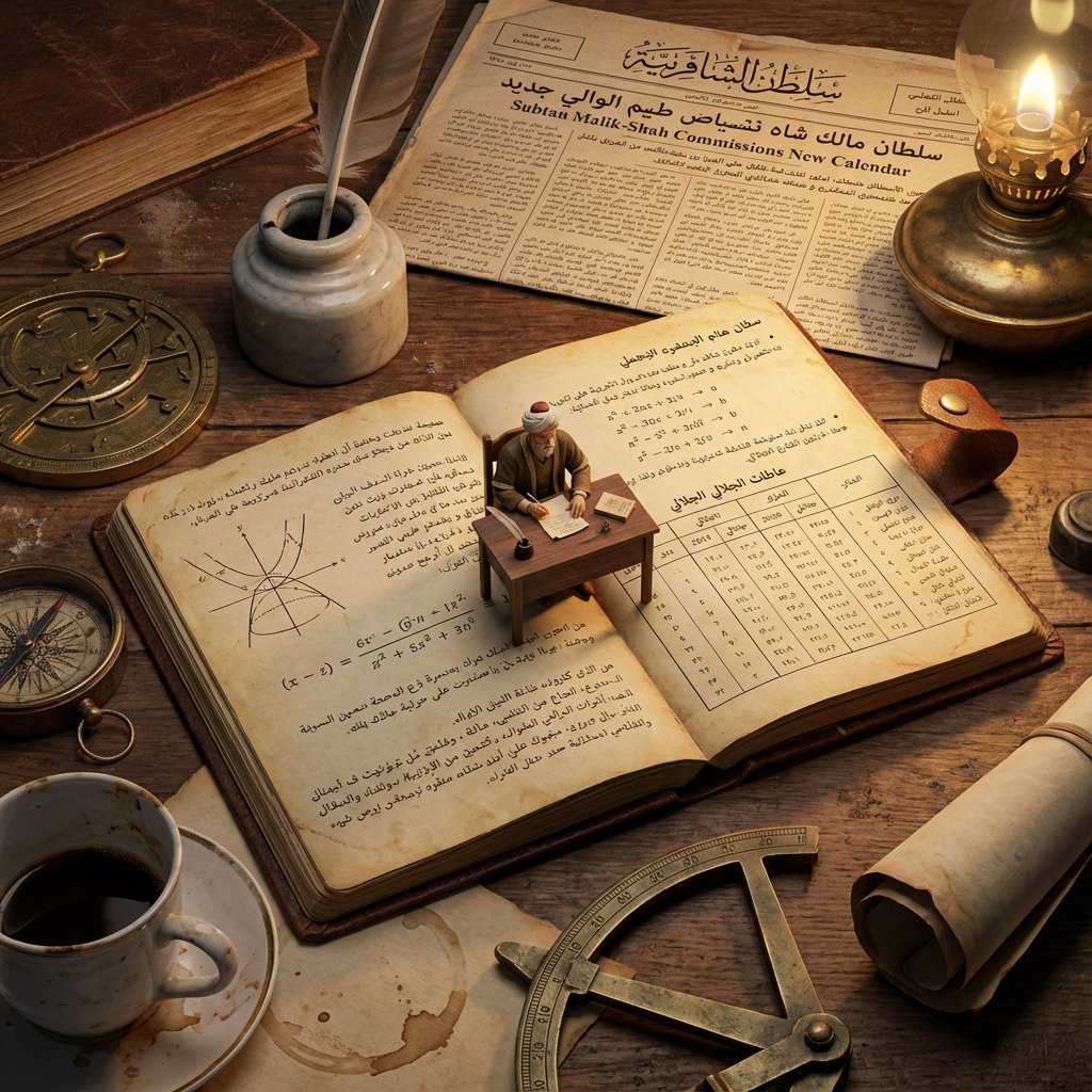 Omar Khayyam 科学家工作室，历史，nanoBanana-Pro，Ancient Scientific Tools, Flat-Lay Composition风格参考图