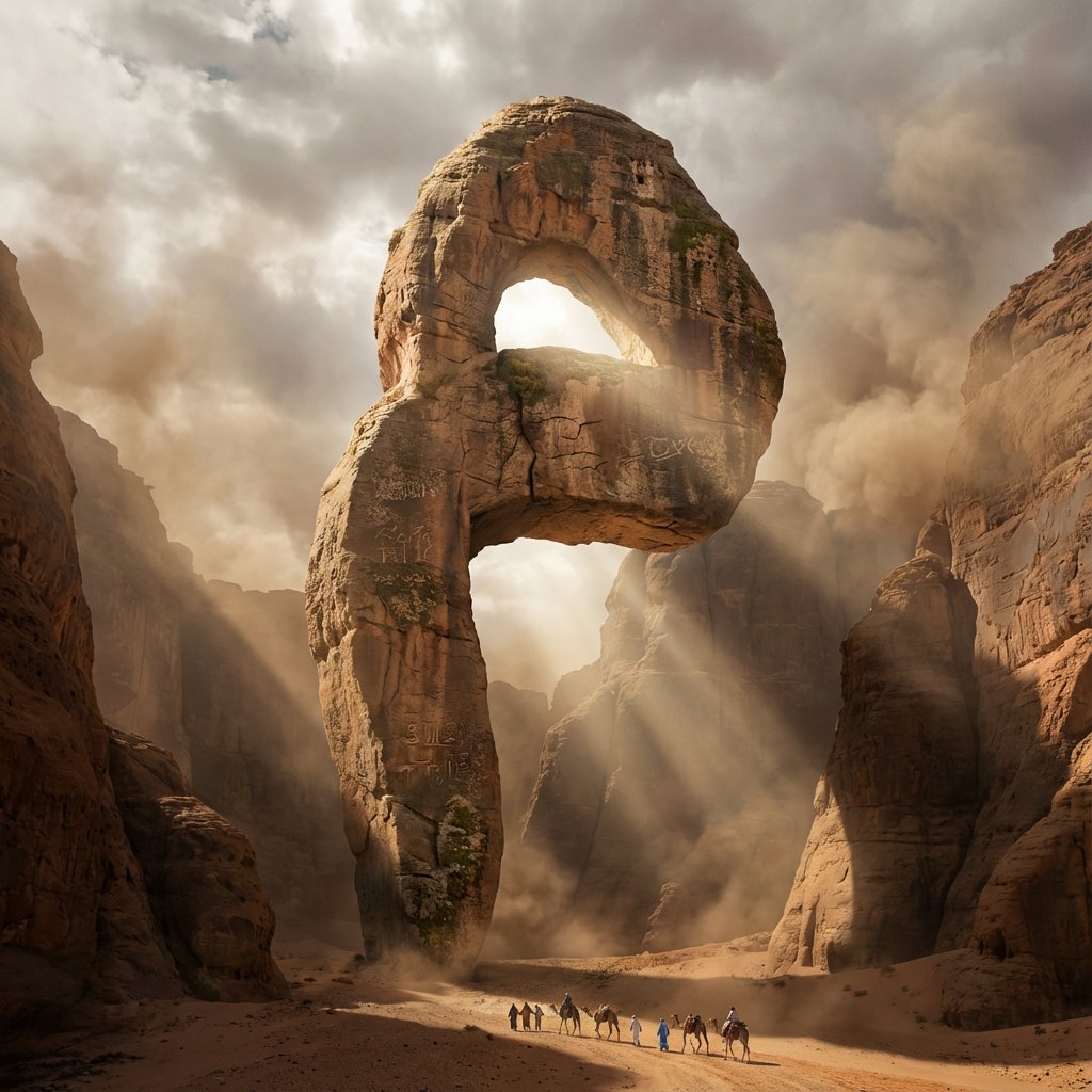 Megalithic Formation of a Mathematical Symbol, Landscape, nanoBanana-Pro, 3D, Ancient Carvings reference image