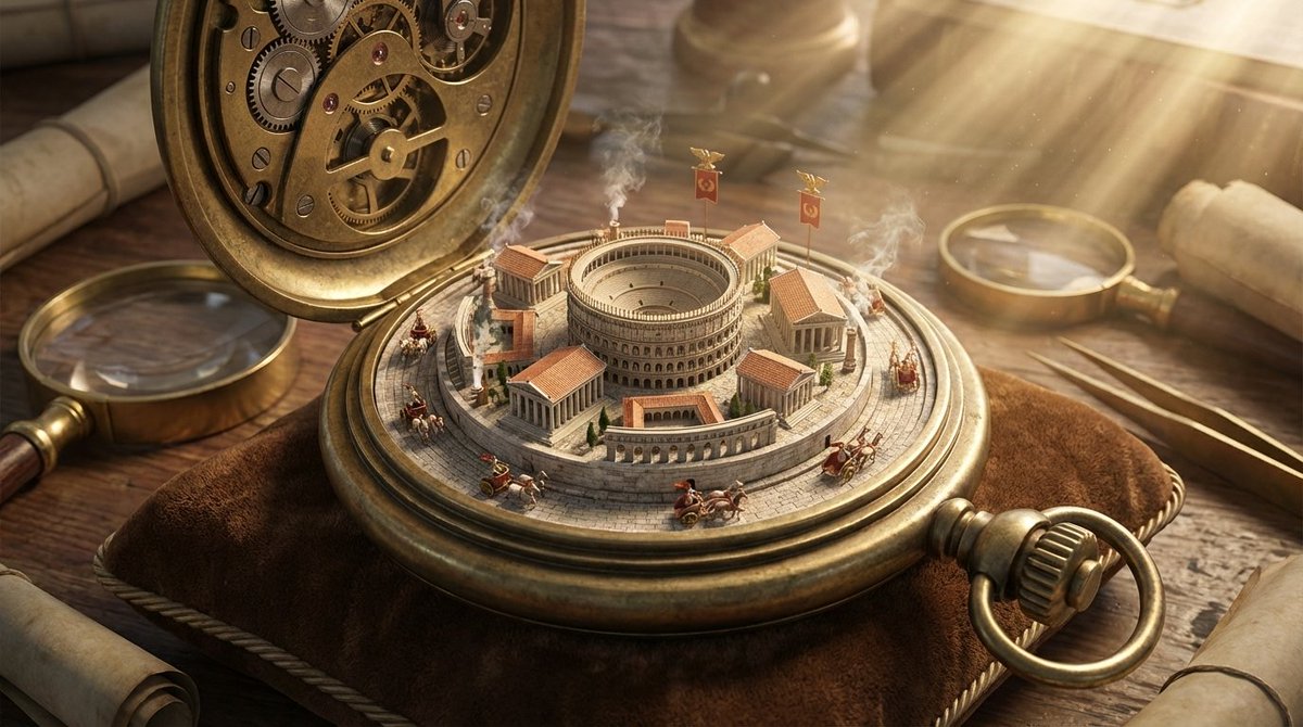 City Inside a Watch Concept, City, nanoBanana-Pro, Antique Watch, Brown Velvet reference image