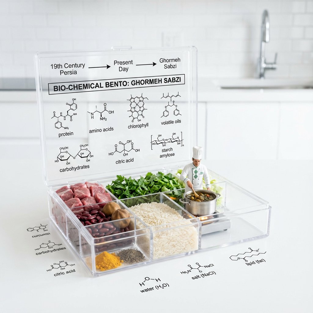 Ghormeh Sabzi 化学结构展示，美食，nanoBanana-Pro，1:35 Scale Chef, Chemical Formula风格参考图