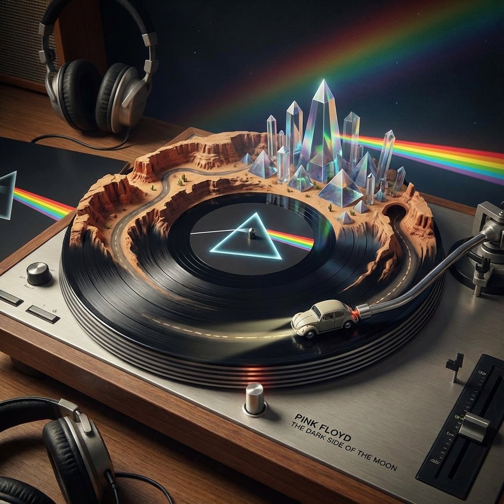 Visualizing Music Albums with Nano Banana Pro, Landscape, nanoBanana-Pro, Album Art, Character in Record Groove reference image