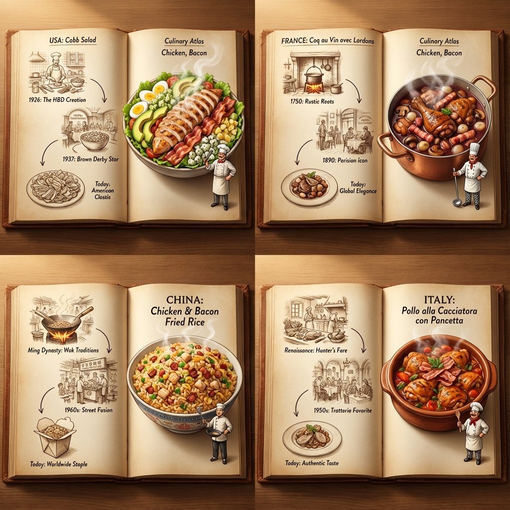 Culinary Atlas Grid: 4 Cultural Variations of the Ingredients, Food, nanoBanana-Pro, 2D Vintage Sketch, 3D Pop-up Diorama reference image