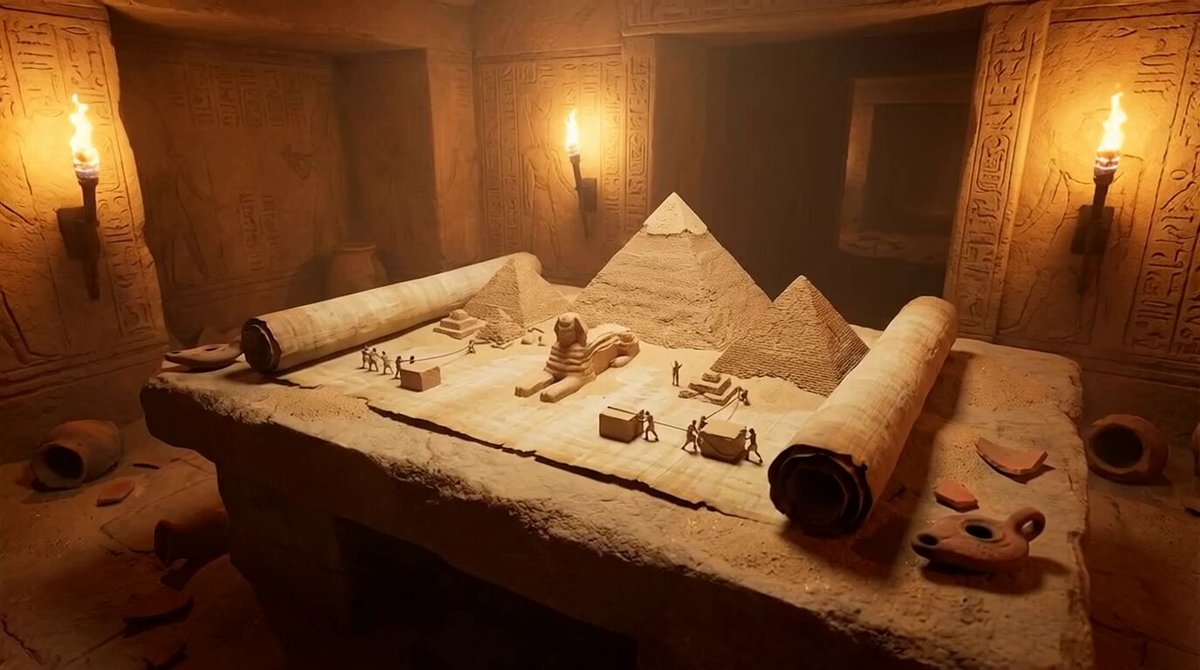 Ancient Egypt Theme: Unrolled Papyrus Scroll with Pyramids and Sphinx, History, nanoBanana-Pro, 3D, Ancient Egypt reference image