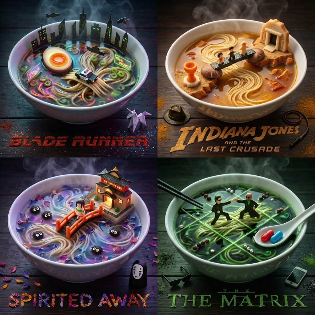 Visualizing Movies and Books in Ramen Bowls: Four Iconic Scenes, Film, nanoBanana-Pro, 3D Miniatures, Cinematic Dioramas reference image