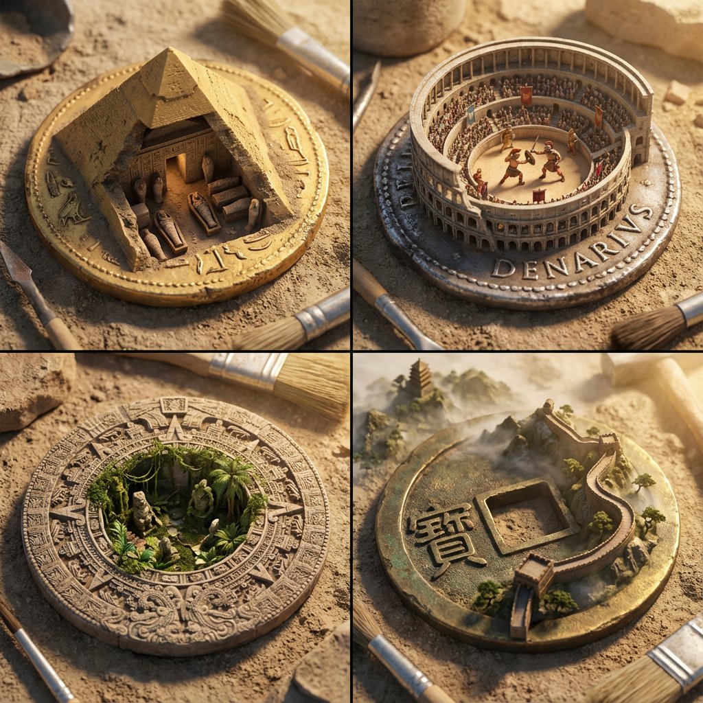 古老货币艺术，历史，nanoBanana-Pro，Ancient Currency, Archaeological Photography风格参考图