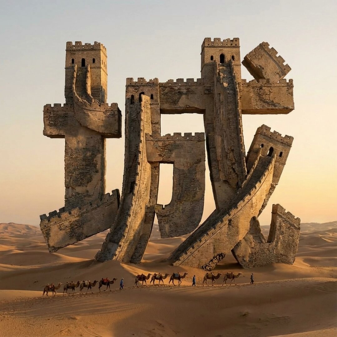 Photograph of a Massive Stone Ruin in a Desert, Landscape, nanoBanana-Pro, Camel, Caravan reference image