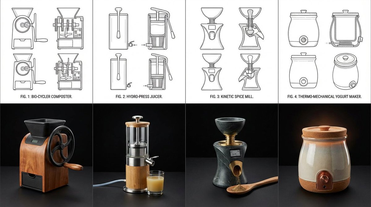 Vintage Mechanical Kitchen Appliance with Sustainable Biomaterials, Indoor, nanoBanana-Pro, Arduino-Compatible, Biomaterials reference image