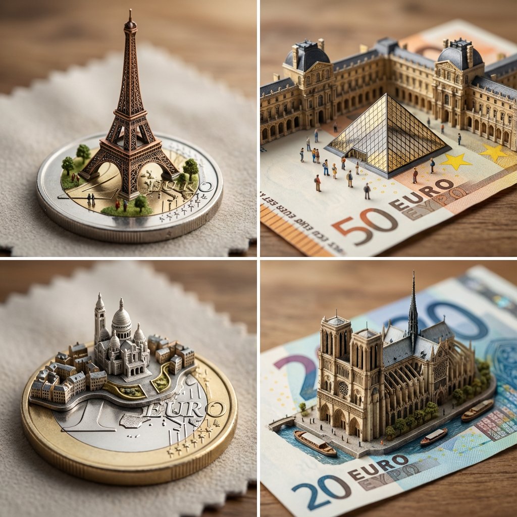 巴黎硬币艺术提示分析，现实，nanoBanana-Pro，Coin Art, Hyper-Realistic Coins风格参考图