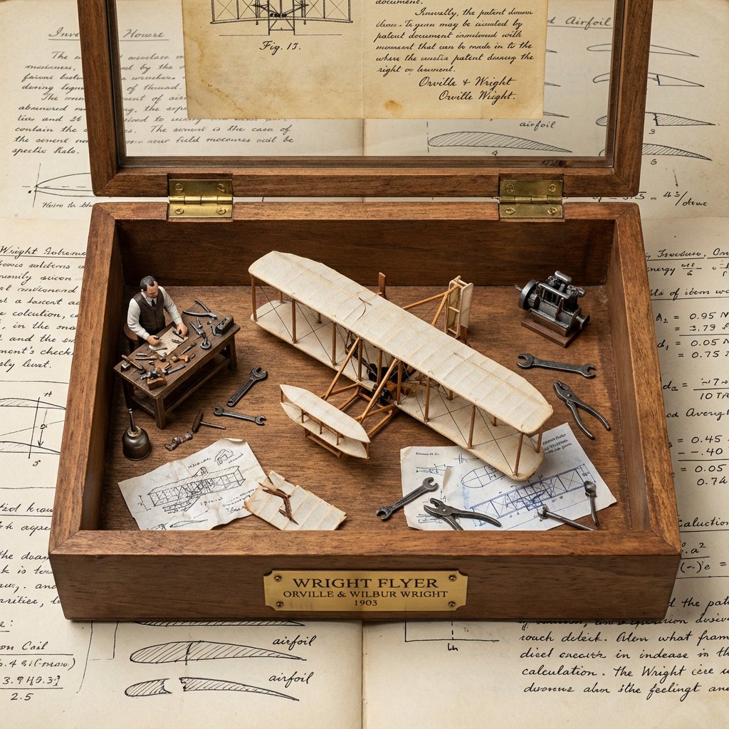 Display of Humanity's Greatest Inventions, Product, nanoBanana-Pro, Blueprint Fragments, Brass Accents reference image
