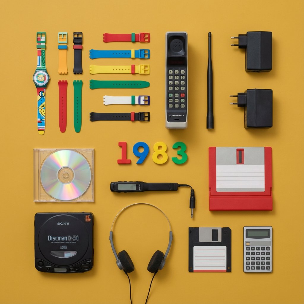 1983 Inventions and Accessories Flat Lay Photography, Realistic, nanoBanana-Pro, 1980s Gadgets, Flat Lay Photography reference image