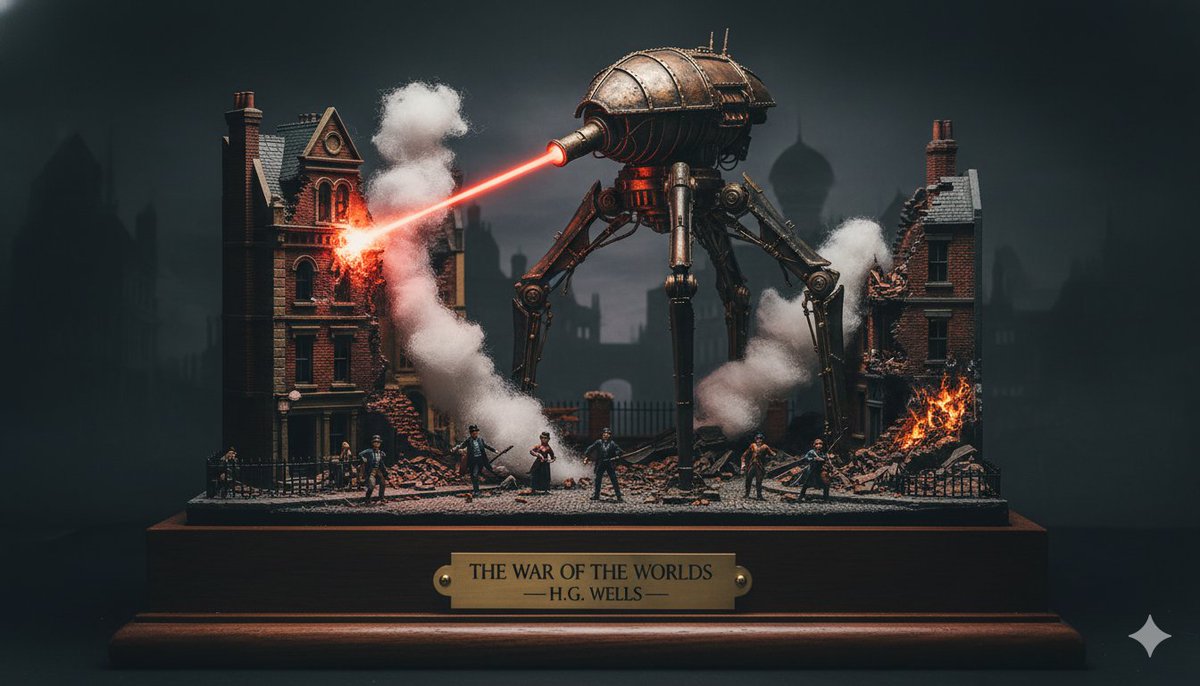 Miniature Diorama on Wooden Base from 'The War of the Worlds' by H.G. Wells, History, nanoBanana-Pro, Brass and Copper, Cobblestone Street reference image