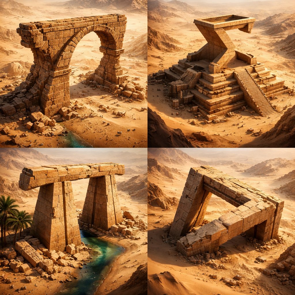 Desert Ruins of Pure Math, Architecture, nanoBanana-Pro, 3D, Aerial View reference image