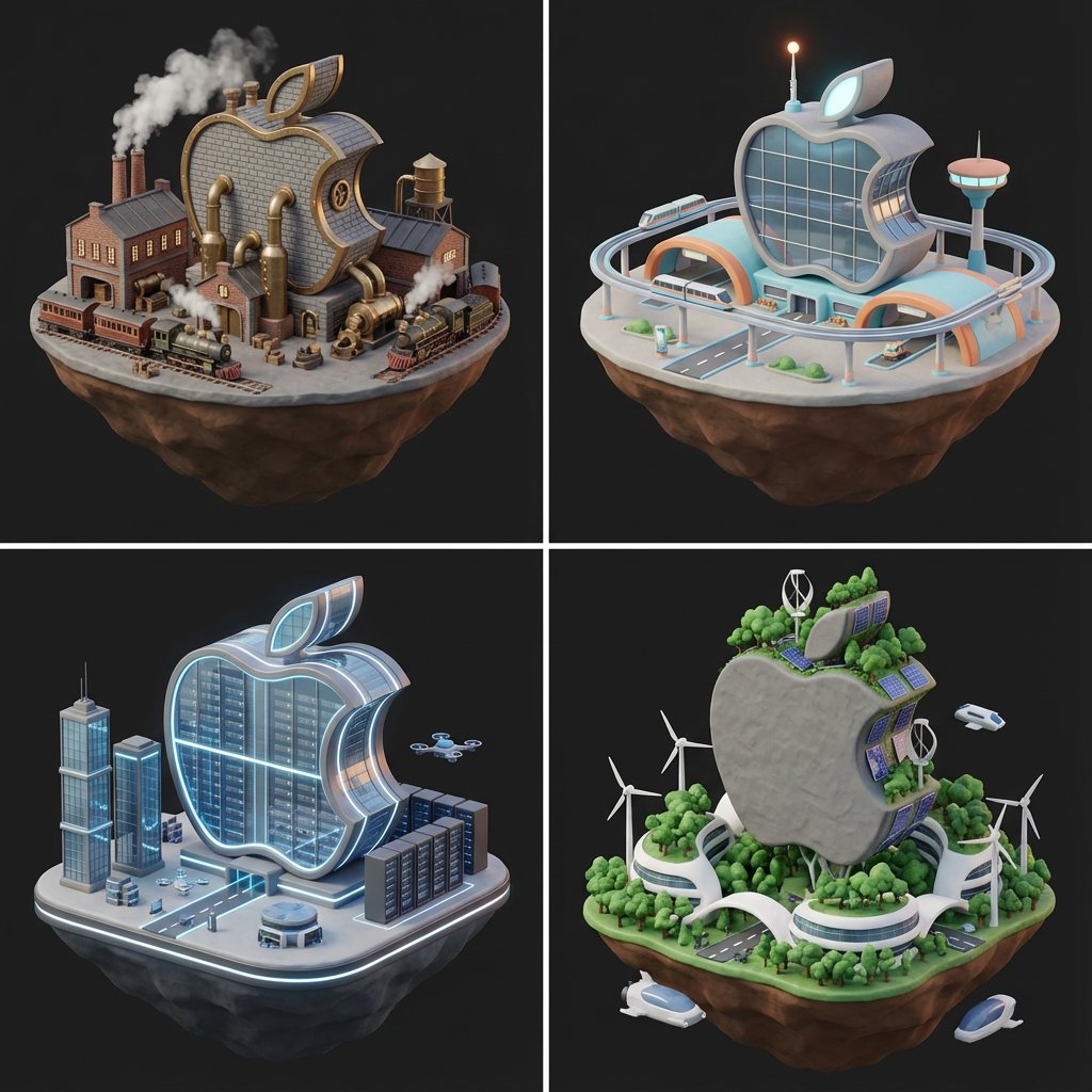 纳米香蕉Pro提示：将标志转换为浮岛上的4个时代的岛屿，3D，nanoBanana-Pro，3D, 4 Eras风格参考图