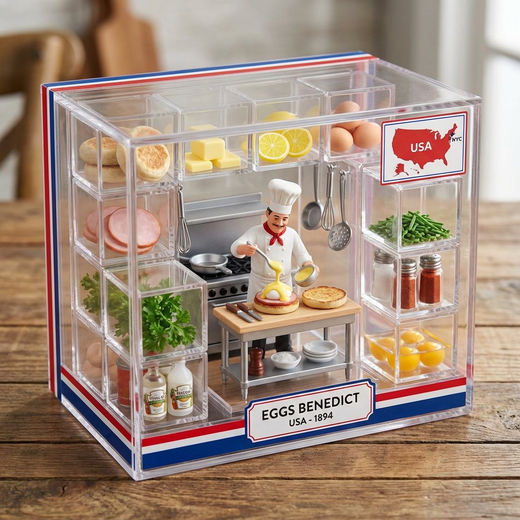 Nano Banana Pro: Miniature Kitchen Scene of Eggs Benedict, Indoor, nanoBanana-Pro, Artisan Packaging, Chef Preparation reference image