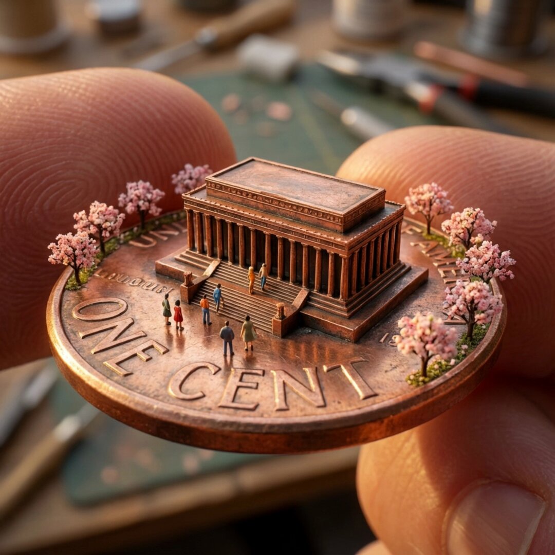 铜币艺术：纳米香蕉Pro微距摄影，建筑，nanoBanana-Pro，3D, Copper Penny风格参考图