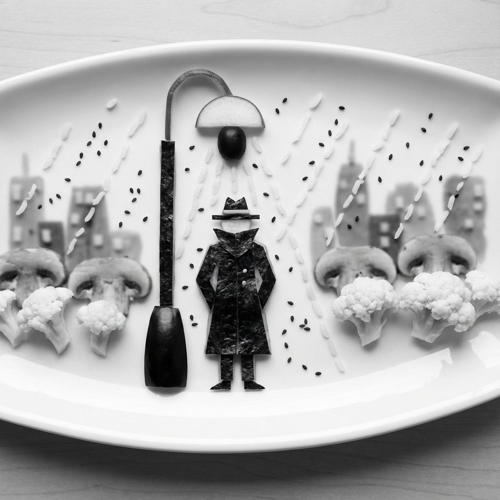 尝试新食物艺术创意，美食，nanoBanana-Pro，Black and White, Culinary Art风格参考图
