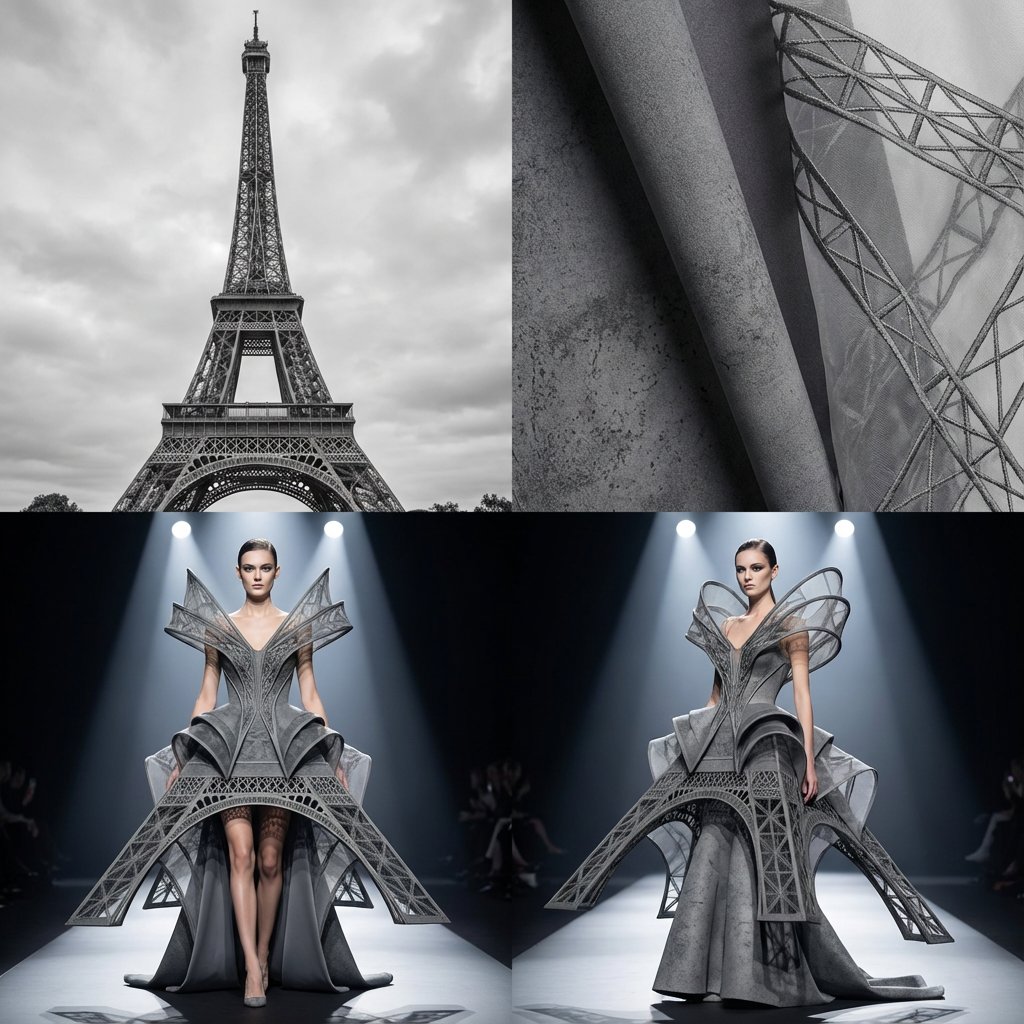建筑变装：纳米香蕉Pro提示，建筑，nanoBanana-Pro，Alexander McQueen, Architecture-Inspired Fashion风格参考图