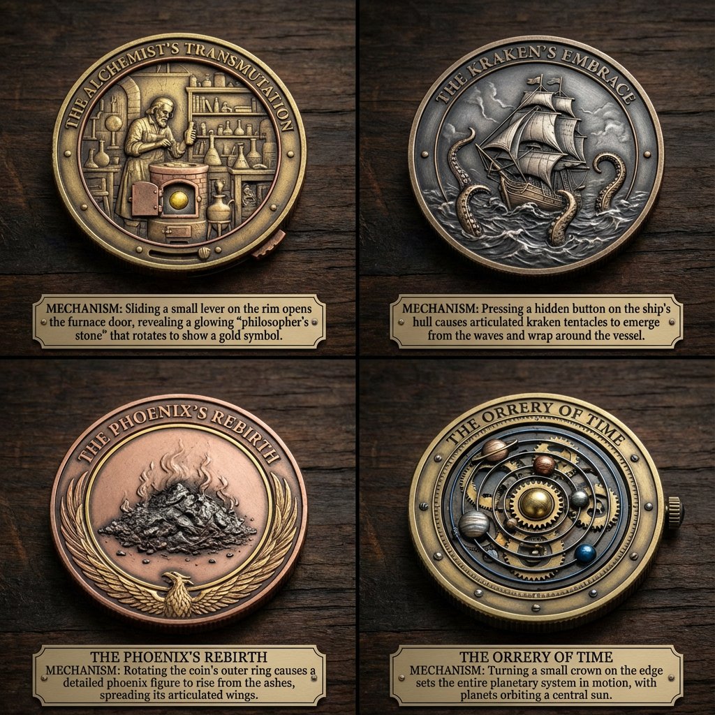 仿罗马·布特恩风格机械艺术币，时尚，nanoBanana-Pro，Art Coin, Coin Design风格参考图