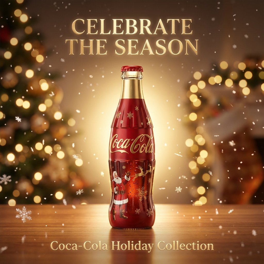 可口可乐圣诞节日瓶高清摄影，节庆，nanoBanana-Pro，Advertising Photography, Christmas Bottle风格参考图