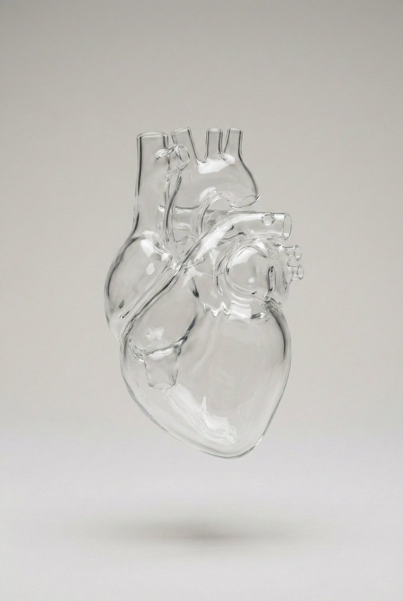 Transparent Glass Heart Sculpture Photography, Realistic, nanoBanana-Pro, 3D, Anatomical Accuracy reference image