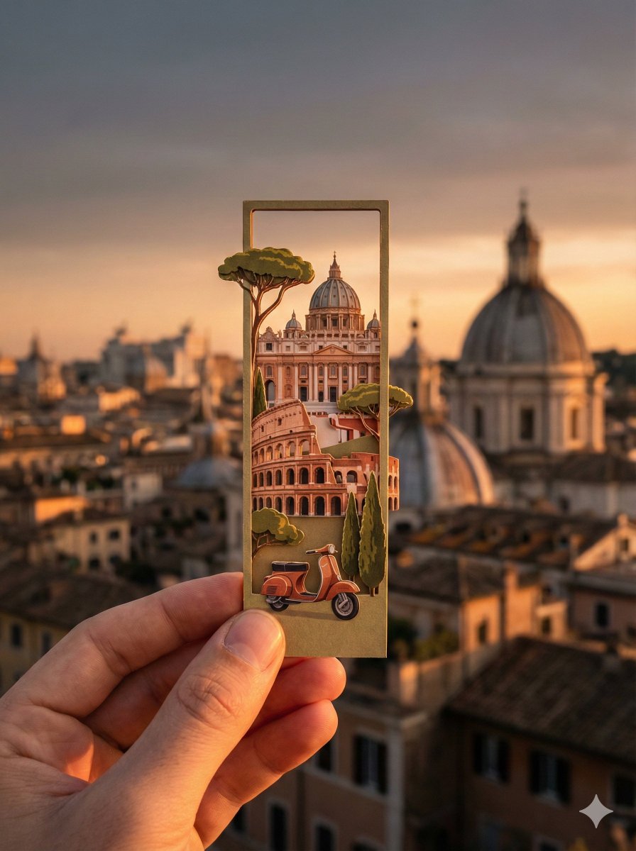 Rome城市剪影中的纸艺书签，插画，nanoBanana-Pro，Artistic Bookmark, Cinematic Vibe风格参考图
