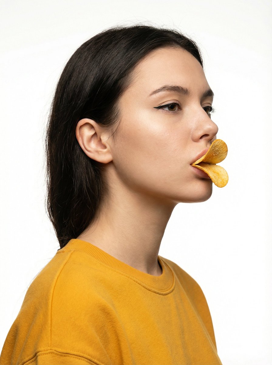Pringles Duck Lips Portrait, People, nanoBanana-Pro, Editorial Portrait, Minimalist Style reference image