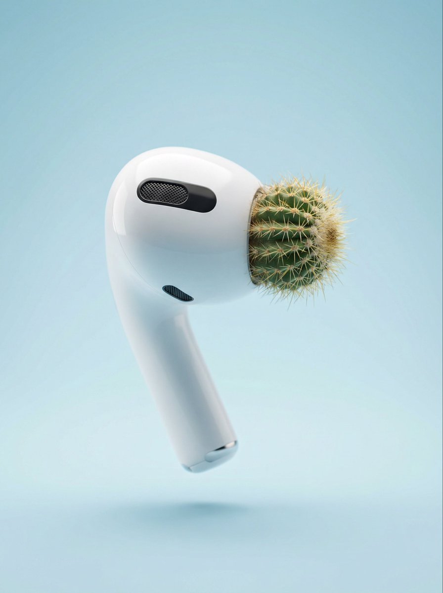 带有仙人掌耳塞的AirPods Pro 3，产品，nanoBanana-Pro，AirPods Pro 3, 高端摄影风格参考图