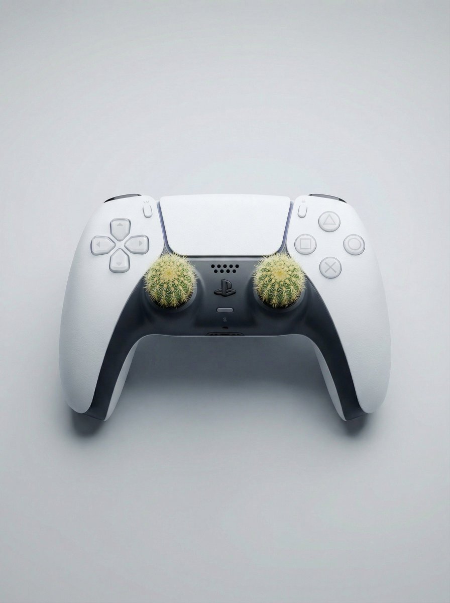 精心设计的低矮仙人掌手柄的DualSense控制器，游戏，nanoBanana-Pro，DualSense Controller, Gaming Product风格参考图