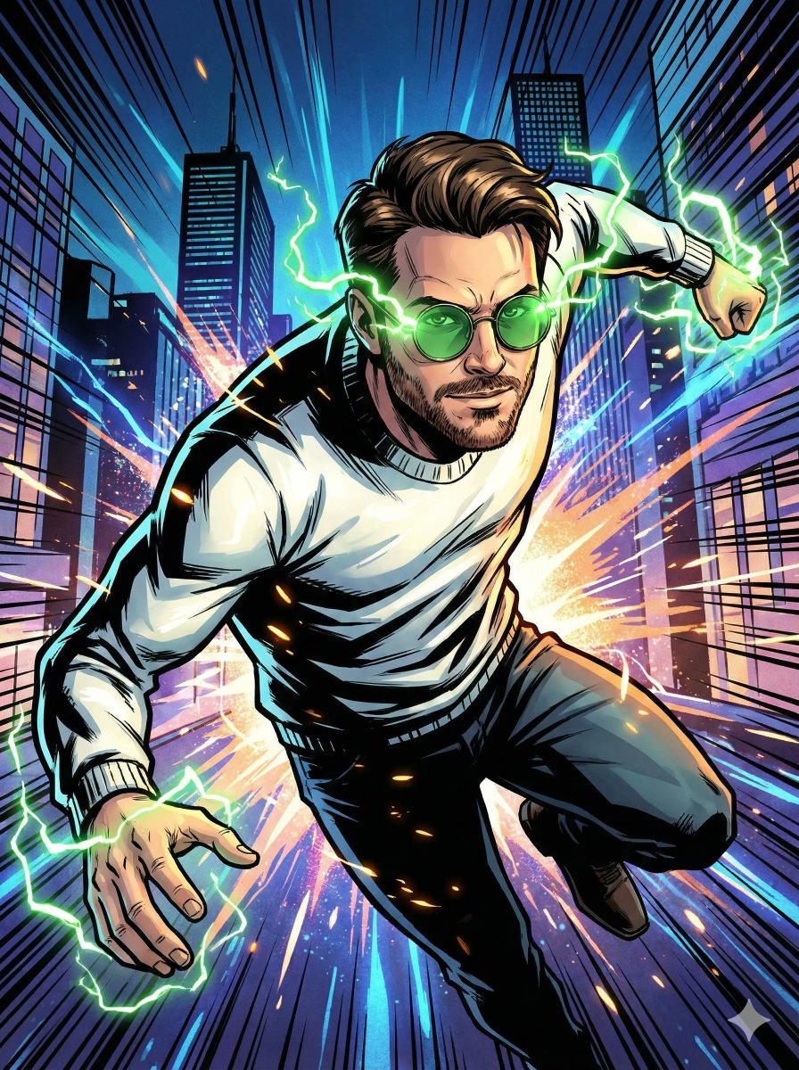 Transform Your Photo into a Comic Book with Yourself, City, nanoBanana-Pro, Comic Book Style, Dramatic Lighting reference image
