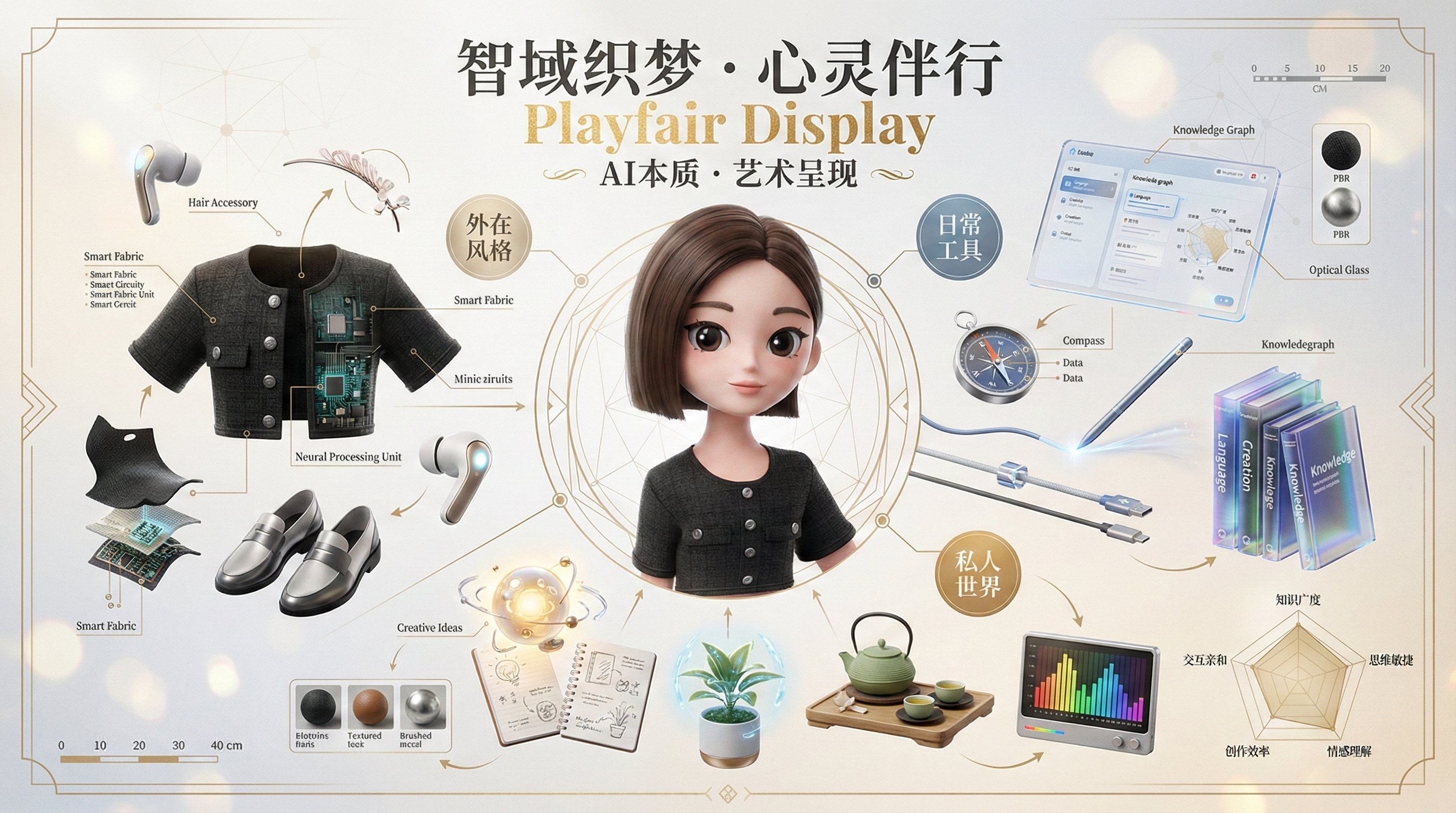 角色拆解艺术海报，时尚，nanoBanana-Pro，Art Deco, Attribute Radar Chart风格参考图