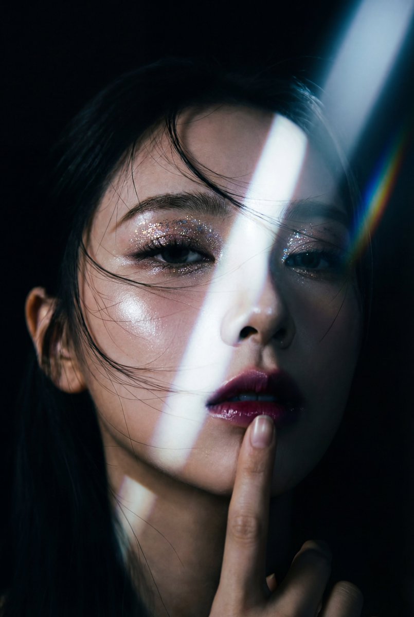 韩国时尚杂志封面：K-pop偶像特写，时尚，nanoBanana-Pro，Analog Film Grain, Cinematic Contrast风格参考图