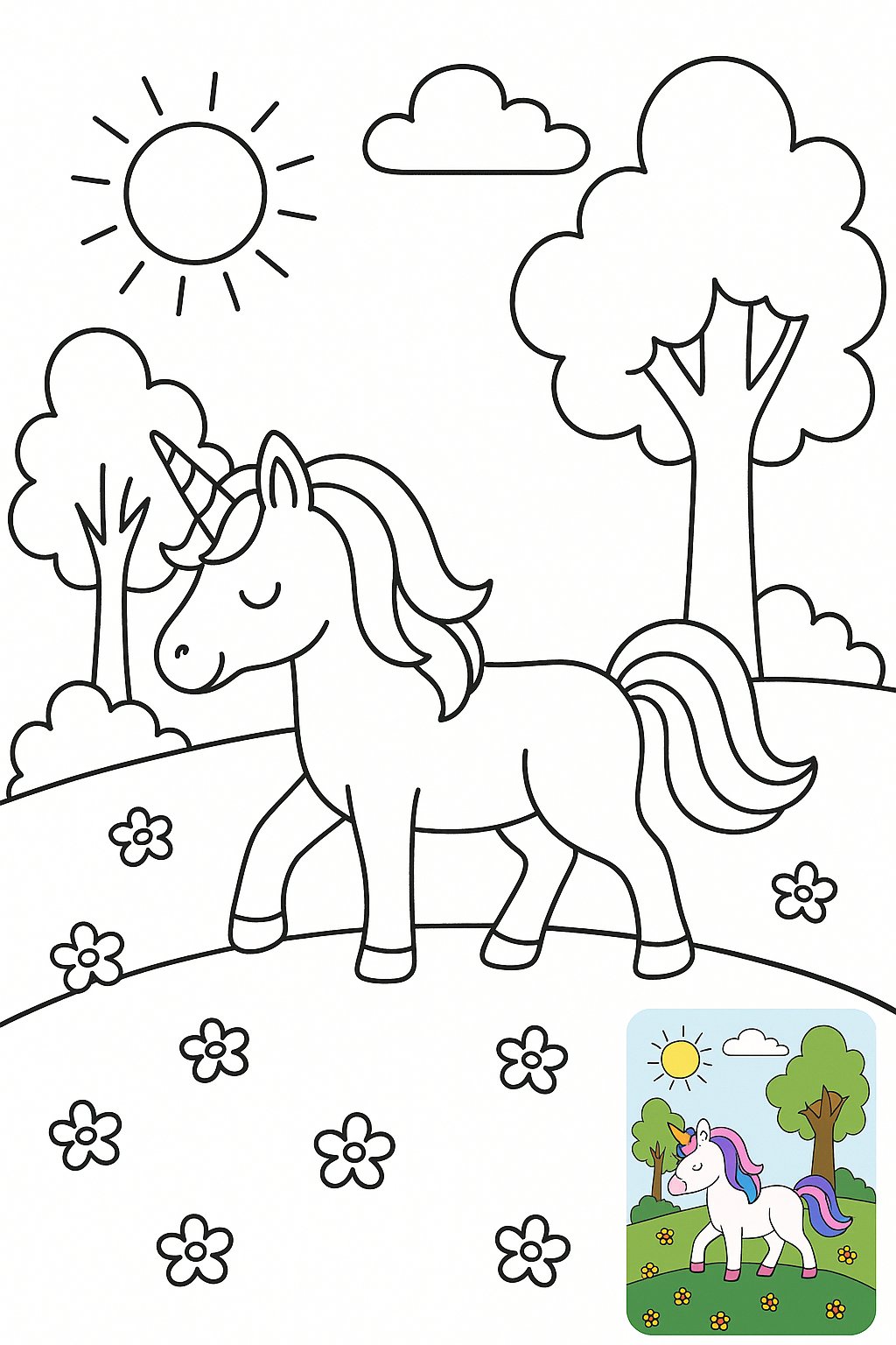 Unicorn Coloring Illustration, Illustration, nanoBanana-Pro, 3D, Child-Friendly reference image