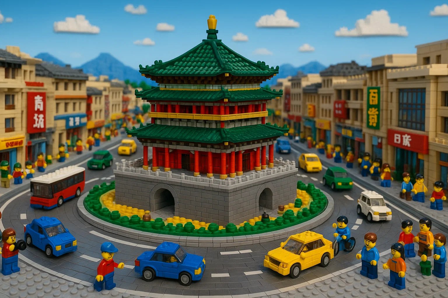 AI 画乐高搭建的城市，城市，nanoBanana-Pro，3D, Bright Colors风格参考图