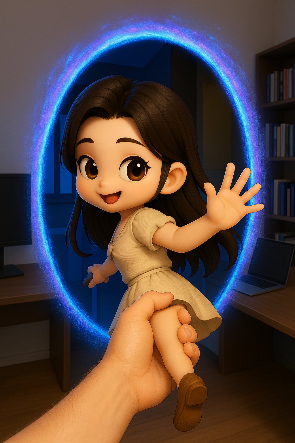 3D Q-version Character Crossing Reality and Virtuality, 3D, nanoBanana-Pro, 科技, 产品 reference image, image 2 of 2